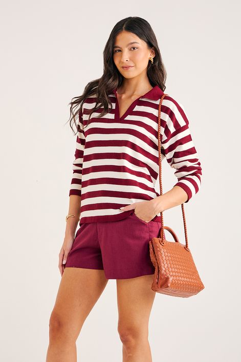 Blusa-em-Tricot-com-Gola-Polo-Listrada