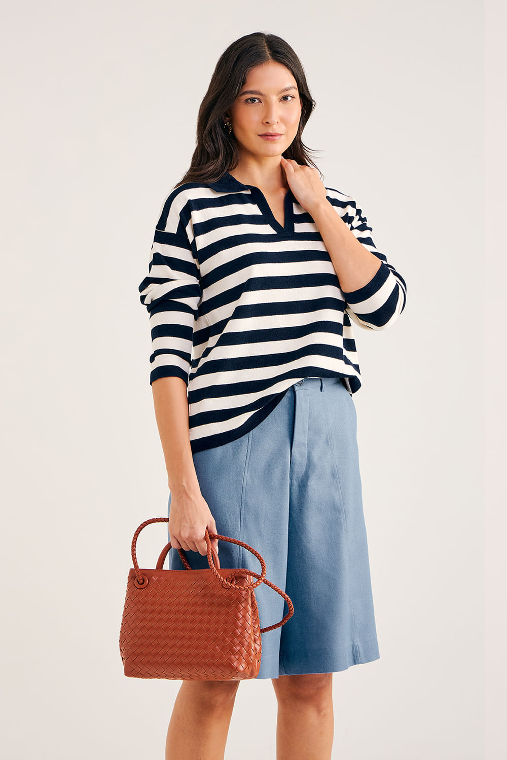 Blusa-em-Tricot-com-Gola-Polo-Listrada